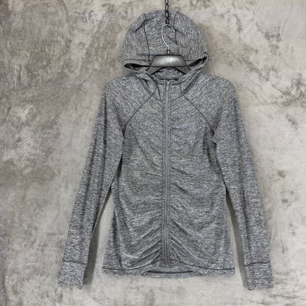 Athleta Hoodie Women S Gray Space Dye Ruched Full Zip Back Pocket EUC